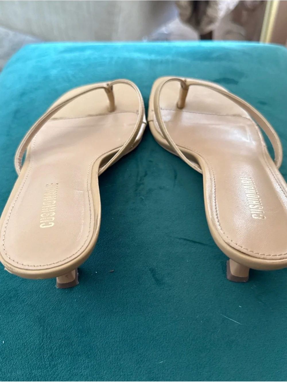 Beige Square-Toe Kitten Heel Thong Sandals Cushionaire Miami